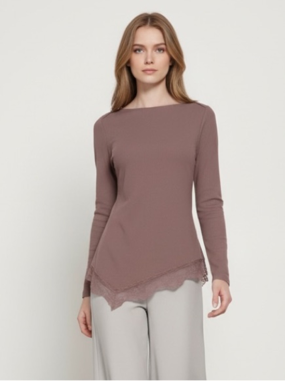 1657 • Dark Taupe Brushed Rib Knit Long Sleeve Asymmetric Lace Trim Split Top